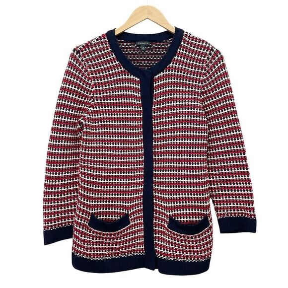 Talbots Chunky Knit Tweed Cardigan Red White Blue Size Medium Americana Nautical - Picture 1 of 11